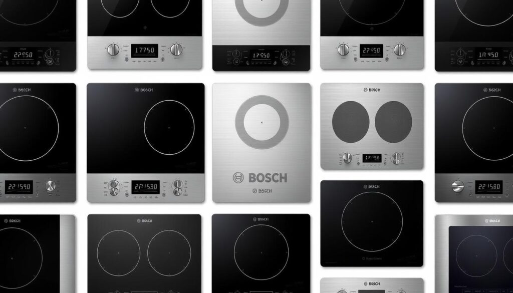 Różne modele płyt indukcyjnych Bosch z widocznymi panelami sterowania